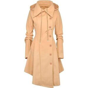 Women Khaki Wool Winter Goth Lapel Peacoat Outwear Thick Hood Trench Coat